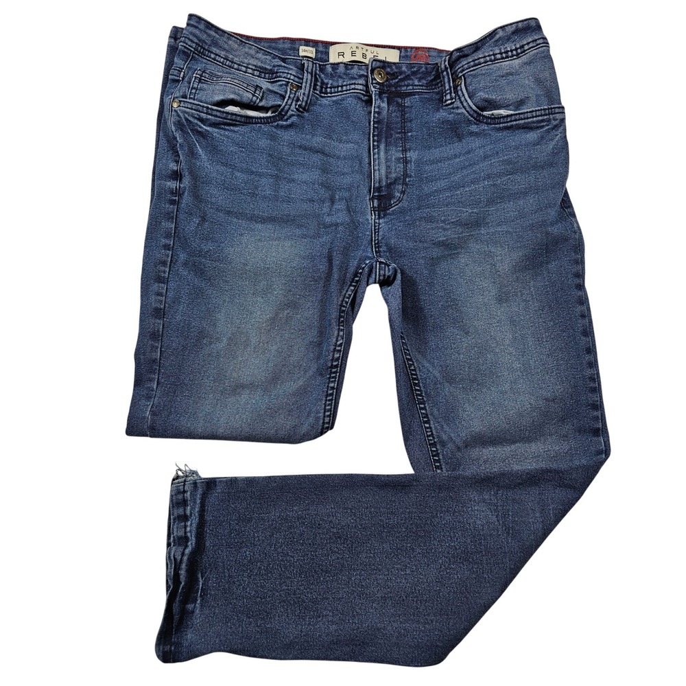Artful Rebel Mens Medium Wash Straight Leg Jeans Blue 34x30 Distressed Hem